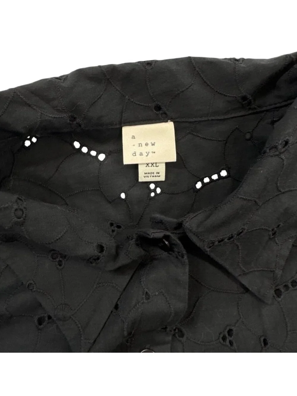 A New Day Women's XXL Black Eyelet Blouse Short Sleeve Button Up Cotton Feminine
